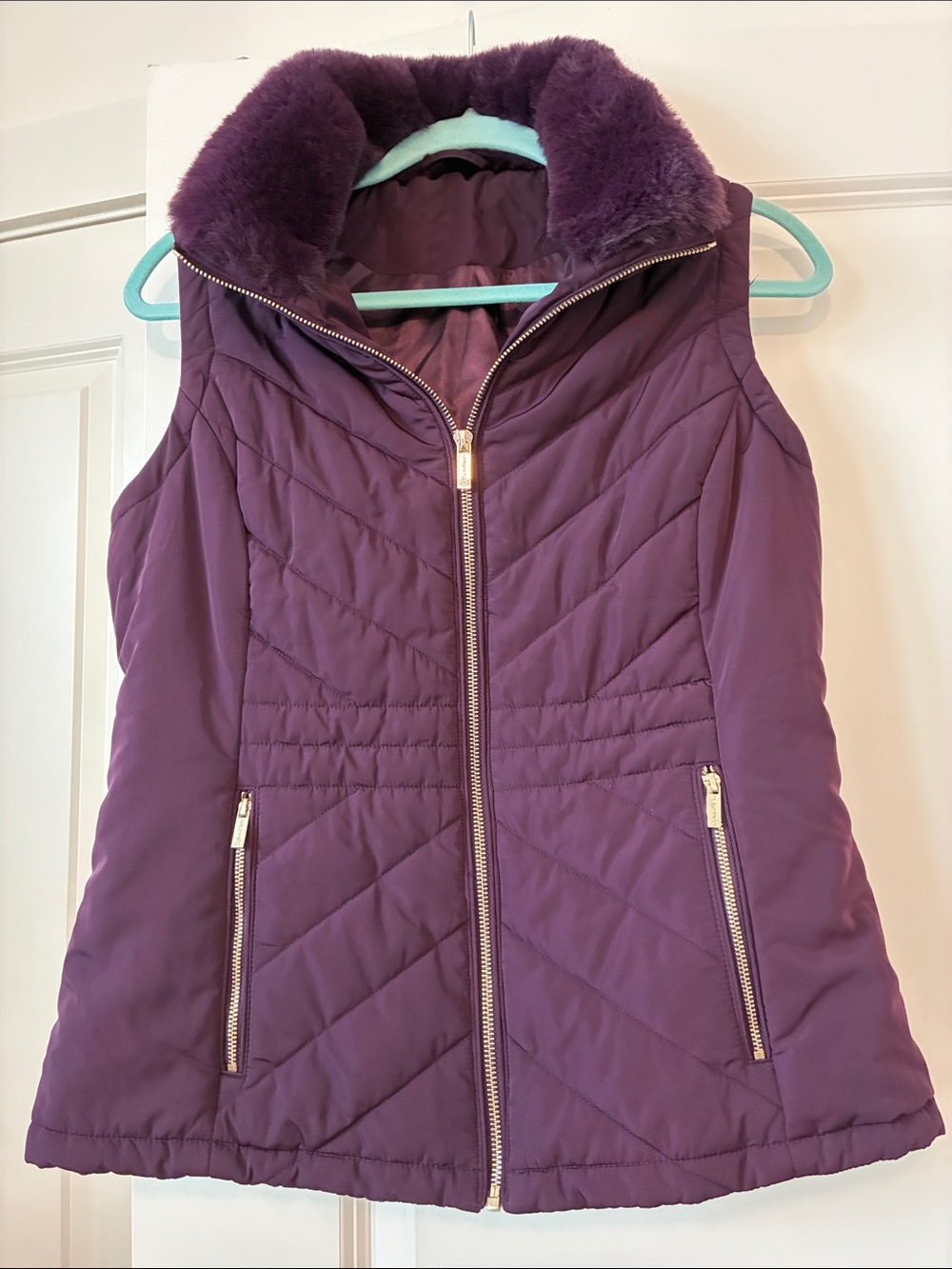 Calvin Klein Purple Quilted Sleeveless Vest with Faux Fur Collar